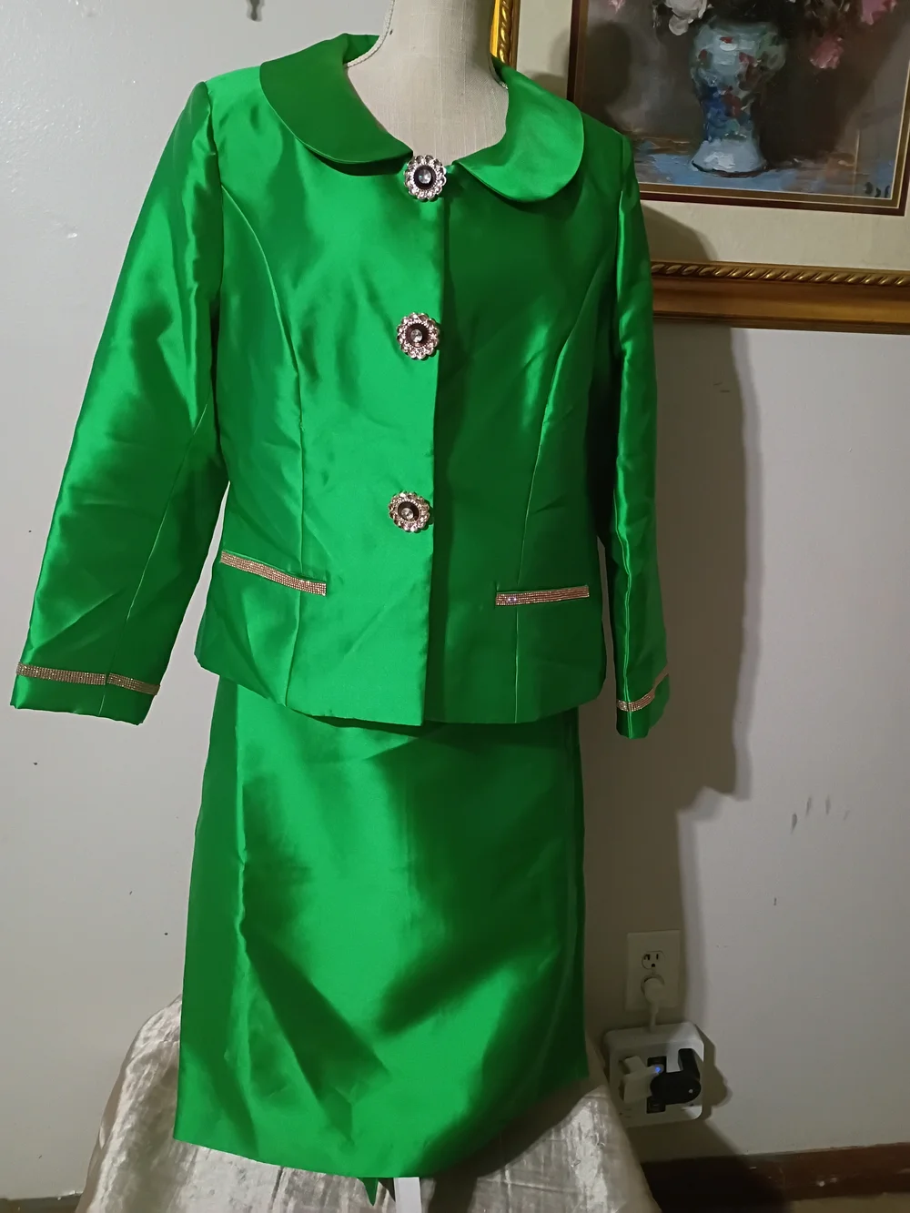Women's Emerald Green Jewel-Button Blazer and Skirt Set